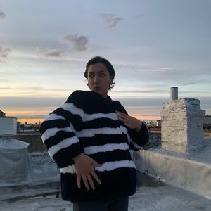 Faux Fur Navy & White Stripped Coat Round collar